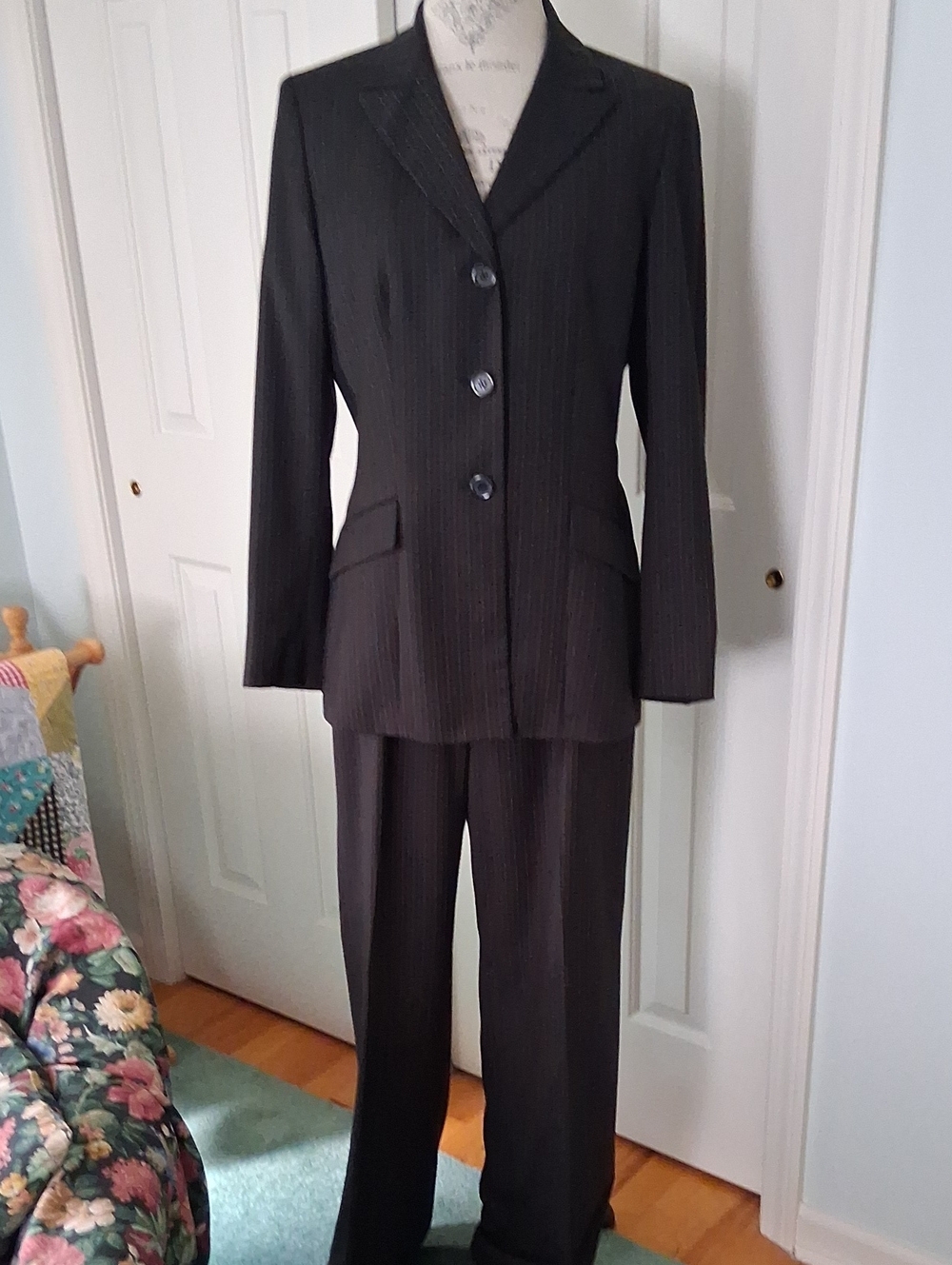 Kasper Black Pinstripe Women's Pantsuit - Tailored Blazer & Trousers